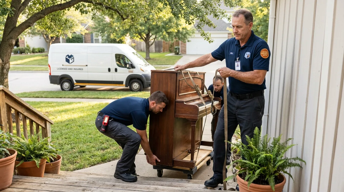 Licensed piano movers securing grand piano in Gainesboro, TN
