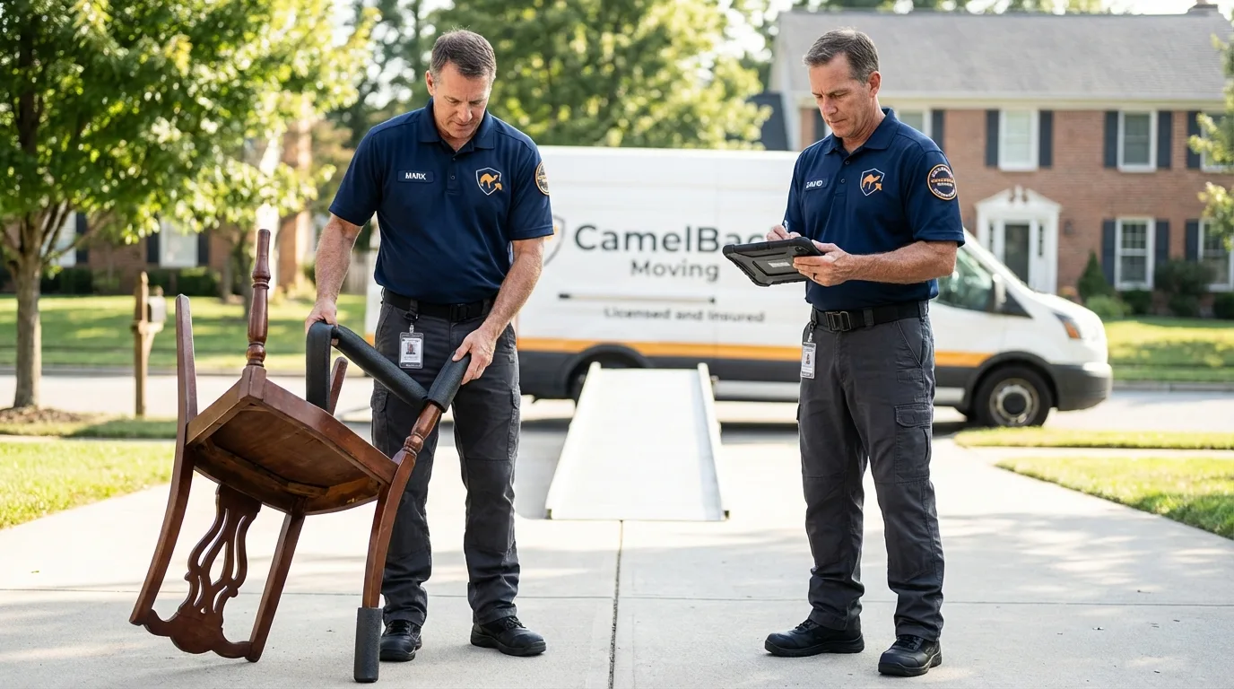 Movers inspecting furniture for damage prevention before loading in Gainesboro, TN