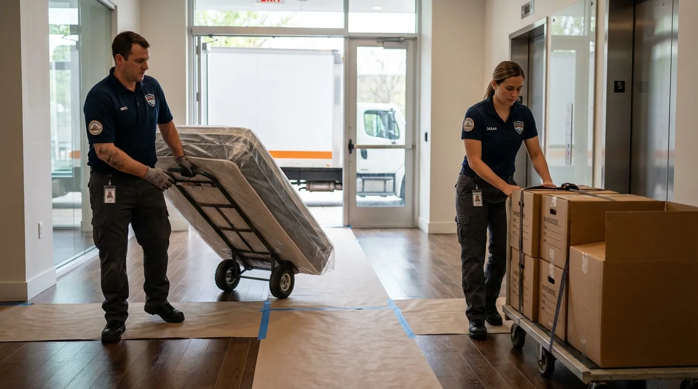 Professional apartment movers loading elevator in Gainesboro, TN
