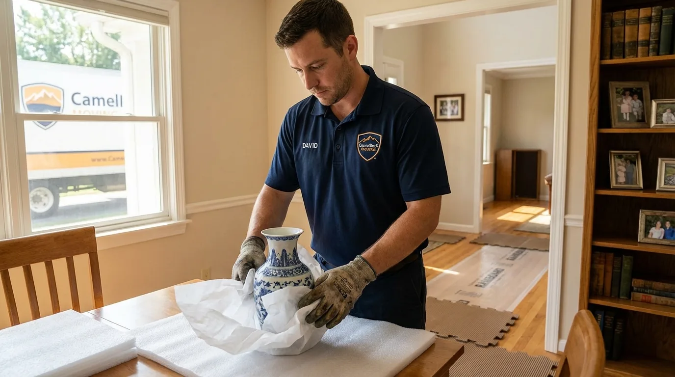 Professional crew carefully wrapping antique vase for senior downsizing move in Gainesboro, TN